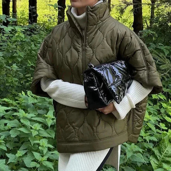 Nlzgmsj TRAF 2024 Autumn and Winter New Women Standing Neck Loose Medium Sleeve Diamond Quilted Waterproof Cloak Coat