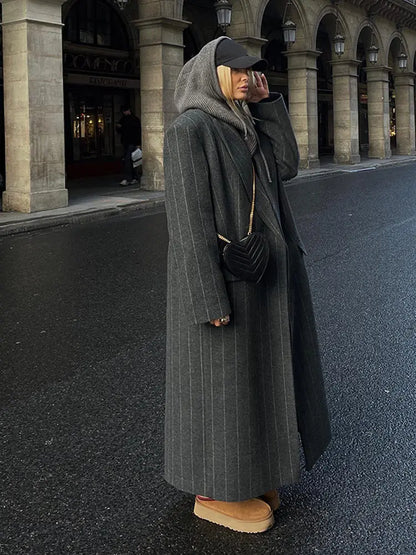 Fashion Dark Grey Stripe Lapel Double Breasted Overcoat Women Full Sleeve Loose Long Coat 2024 Autumn Winter Lady Commute Jacket