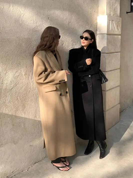 Office Lady Woolen Jackets 2024 Autumn And Winter Suit Collar Double-Breasted Loose Long Women's 100% Wool Coats