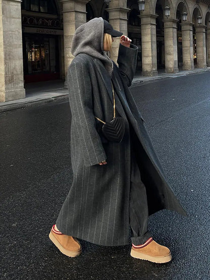 Fashion Dark Grey Stripe Lapel Double Breasted Overcoat Women Full Sleeve Loose Long Coat 2024 Autumn Winter Lady Commute Jacket